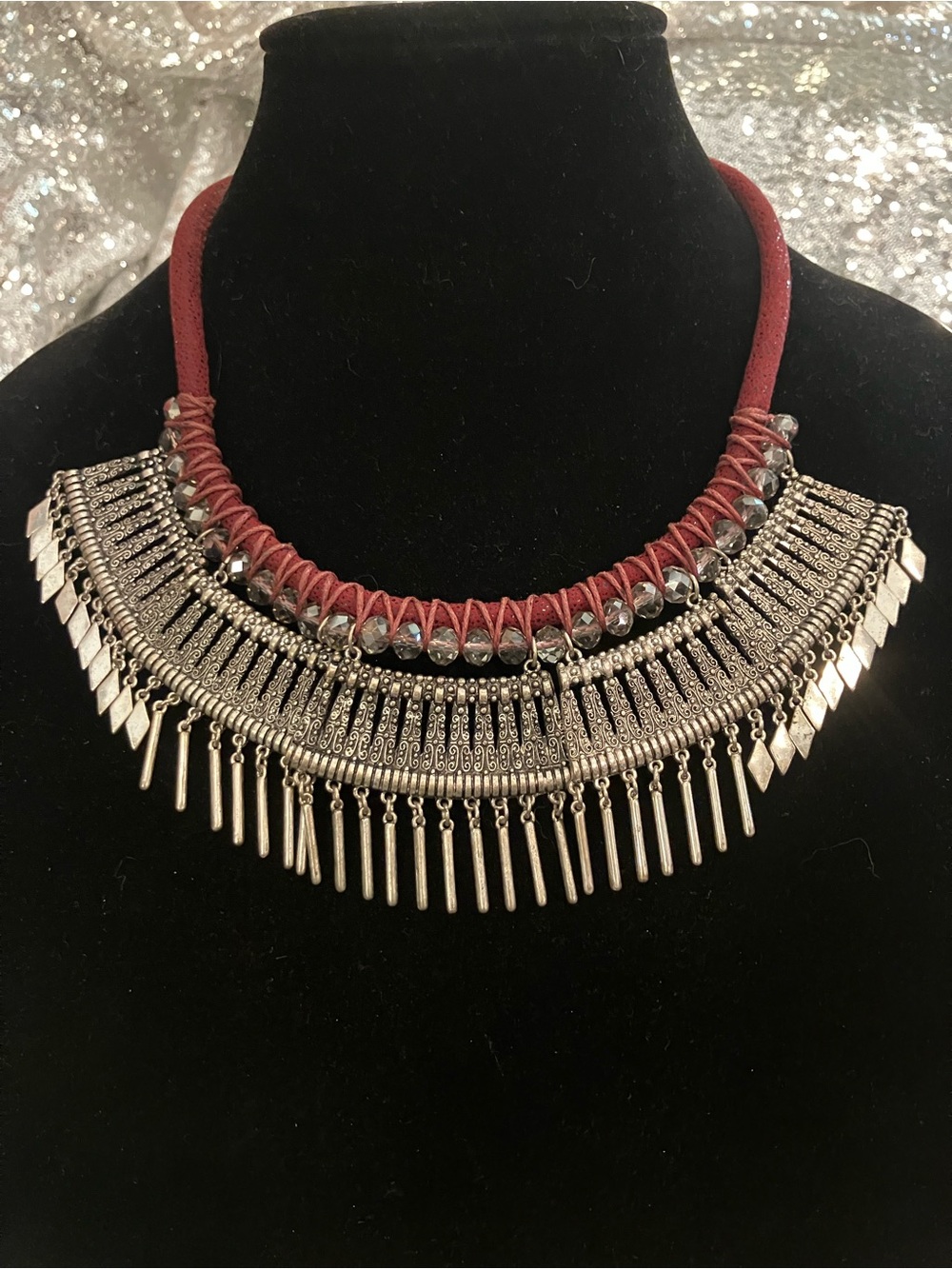 Boho Silver Tribal Fringe Statement Necklace with Burgundy Cord